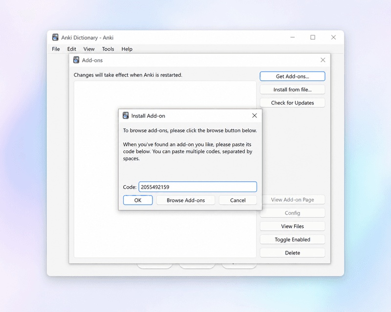 Install Add-on dialog with AnkiConnect code 2055492159 entered
