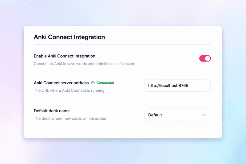 Anki Dictionary settings showing AnkiConnect connected status