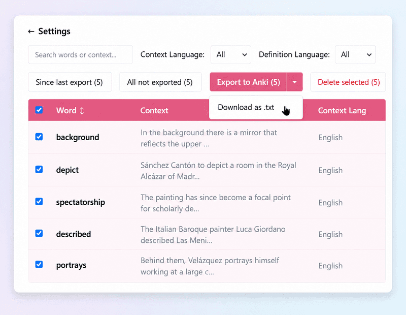 Lookup History page with words selected and Download as .txt option shown