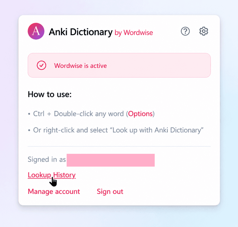 Extension popup showing the Lookup History link