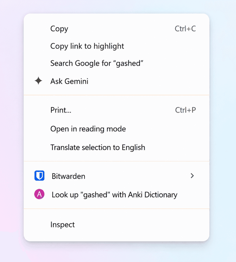 Browser right-click context menu showing 'Look up gashed with Anki Dictionary' option