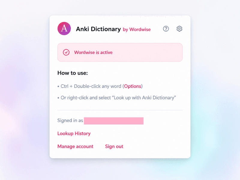 Extension popup after login, showing Wordwise is active
