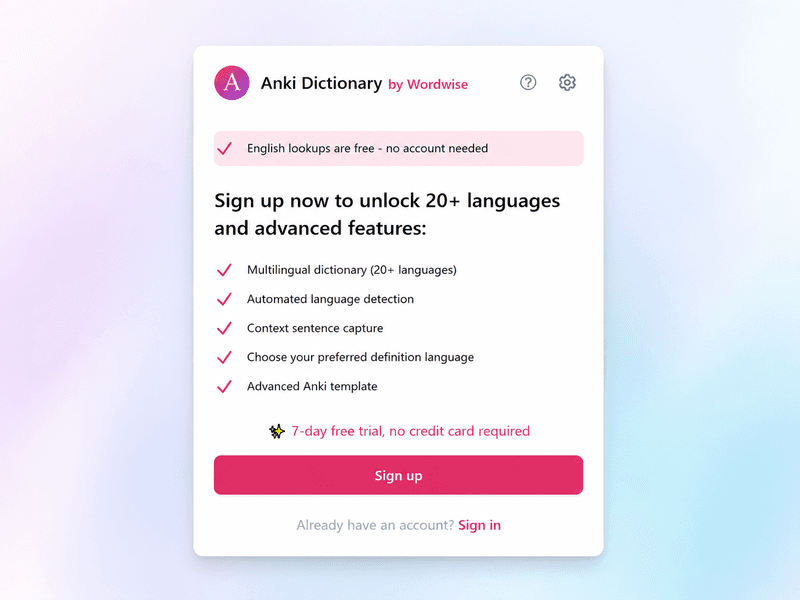 Extension popup before login, showing Sign Up and Sign In buttons